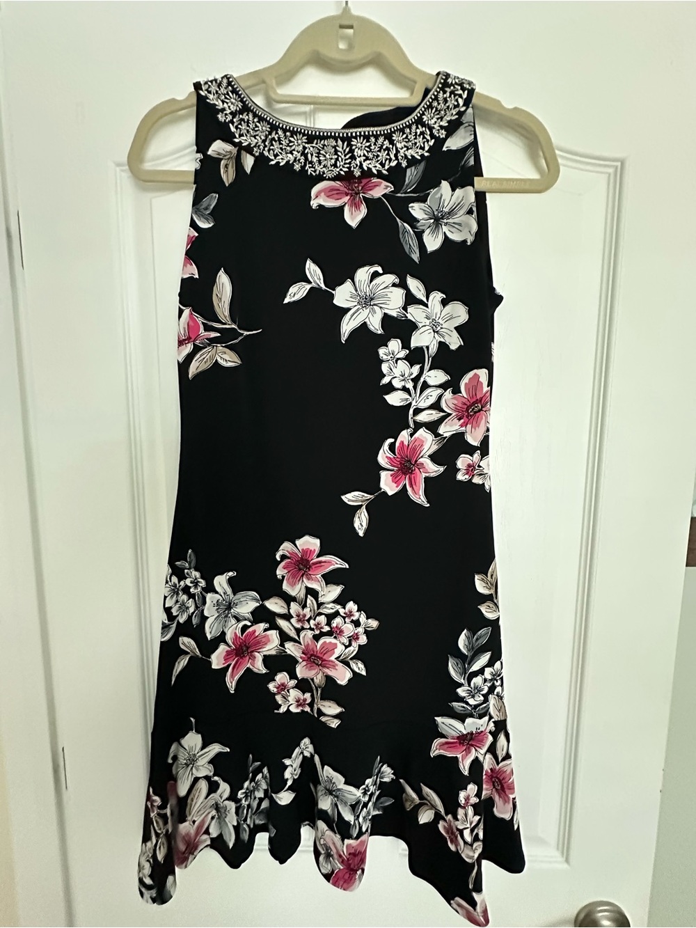 WHBM NWOT Sleeveless Black Floral A-Line Dress with Pink Accents Brand NEW!
